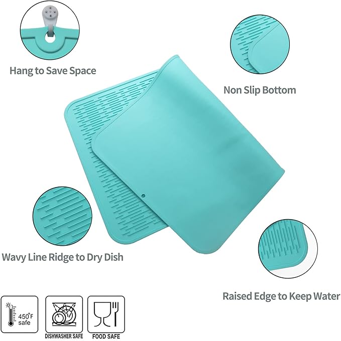 MicoYang Silicone Dish Drying Mat for Multiple Usage,Easy clean,Eco-friendly,Heat-resistant Silicone Mat for Kitchen Counter or Sink,Refrigerator or Drawer Liner Mint 4XL 32 inches x 18 inches