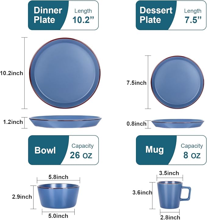 Plates and Bowls Sets, 16 Pieces Dinnerware Sets, Service For 4, Blue