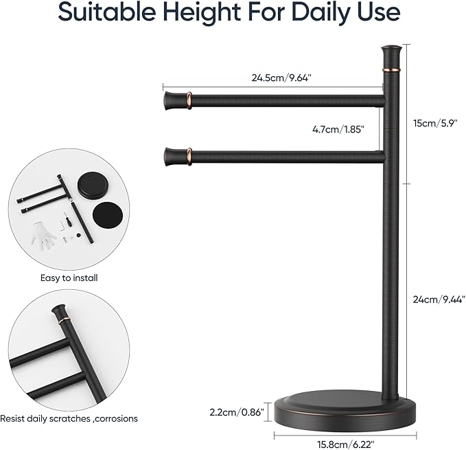 16 Inch Oil Rubbed Bronze Stand Towel Bar Free Standing Hand Towel Holder for Bathroom, 2 Swivel Arms Towel Rack Towel Ring Hardware Accessories for Kitchen Vanity Countertop Stainless Steel