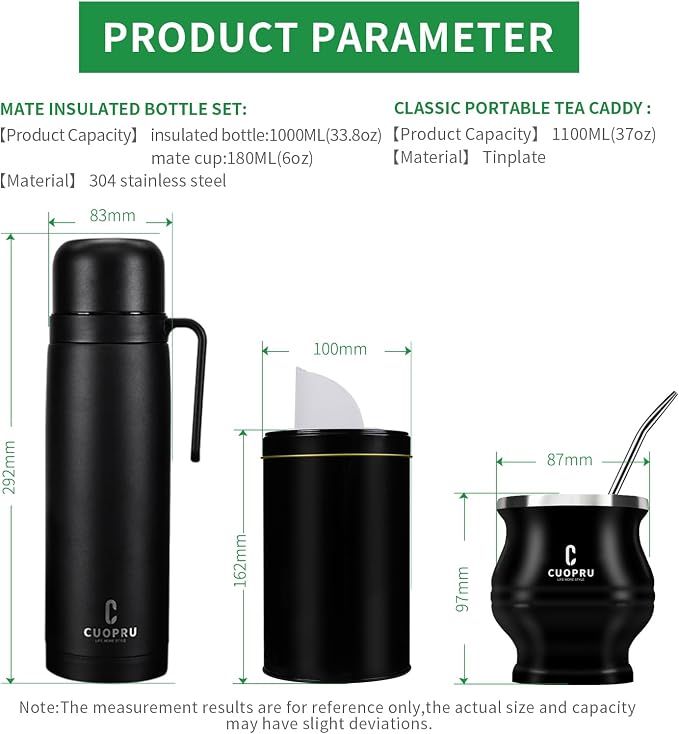 Cuopru Premium Stainless Steel Yerba Mate Kit, Gourd, 33.8oz Insulated Bottle, Container, Bombilla, Cleaning Brush, Tea Filter Set, Matte Black