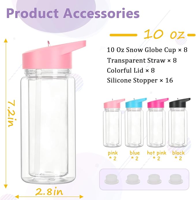 8 Pack 10 Oz Plastic Snow Globe Tumbler for Kids with Pre-Drilled Hole and Plug, Leak Proof Double Wall Snow Globe Sports Water Bottles with Portable Handle for Glitter DIY Gift, Mixed Color