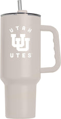 Logo Brands NCAA Utah Utes Sand 40 oz Tumbler with Handle - Stylish Everyday Use Powder Coated-Stainless Steel with Straw- Keeps Cold For Hours