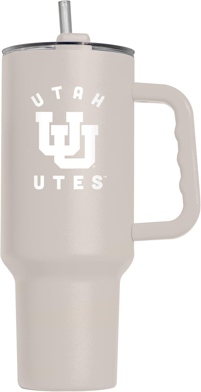 Logo Brands NCAA Utah Utes Sand 40 oz Tumbler with Handle - Stylish Everyday Use Powder Coated-Stainless Steel with Straw- Keeps Cold For Hours