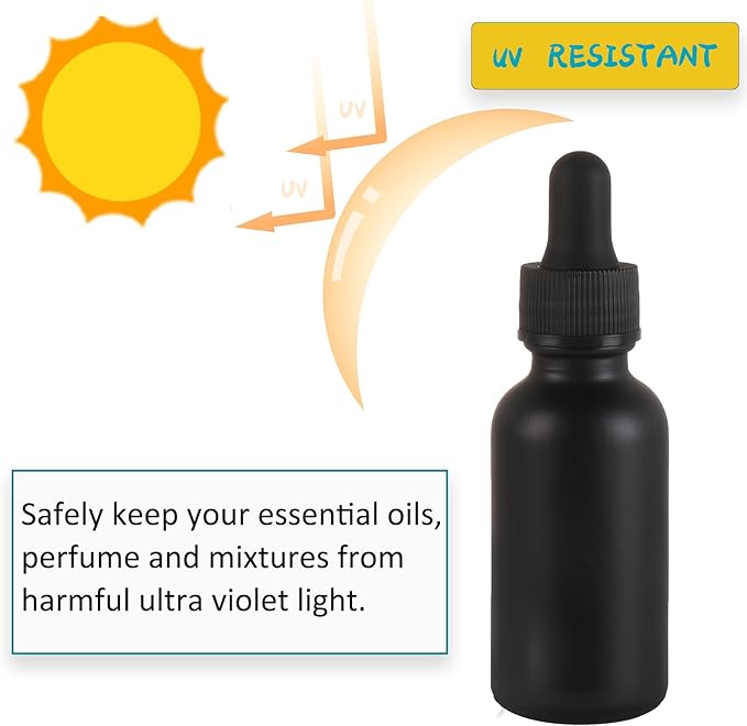 NOOEEISS 48 Pack,1oz Glass Dropper Bottle, Frosted Black Tincture Bottles with Dropper,Pretty Finish for All Kinds of Liquids,Oil Bottles for Hair- Stronger Suction ideal for Leakproof Travel