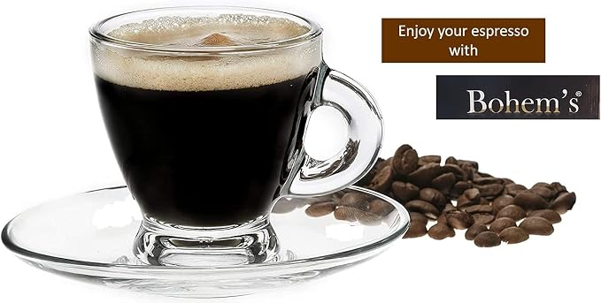 BOHEM'S Espresso Cups, 3.2 oz Small Demitasse Clear Glass Espresso Drinkware, Set Of 6, Cups and Saucers, Espresso Shot Glasses, Clear Expresso Coffee Cups, Tazas de Cafe Expreso