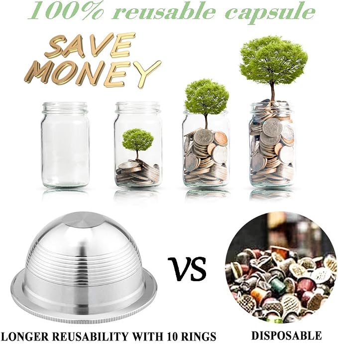 CAPMESSO Stainless Steel Reusable Coffee Capsule: Metal Refillable Coffee Pod Brewing Espresso - Compatible with Nespresso Vertuoline GCA1/ENV135/ENV150/BNV420 ((2.4OZ(Small Cup)+10 Silicone Rings)