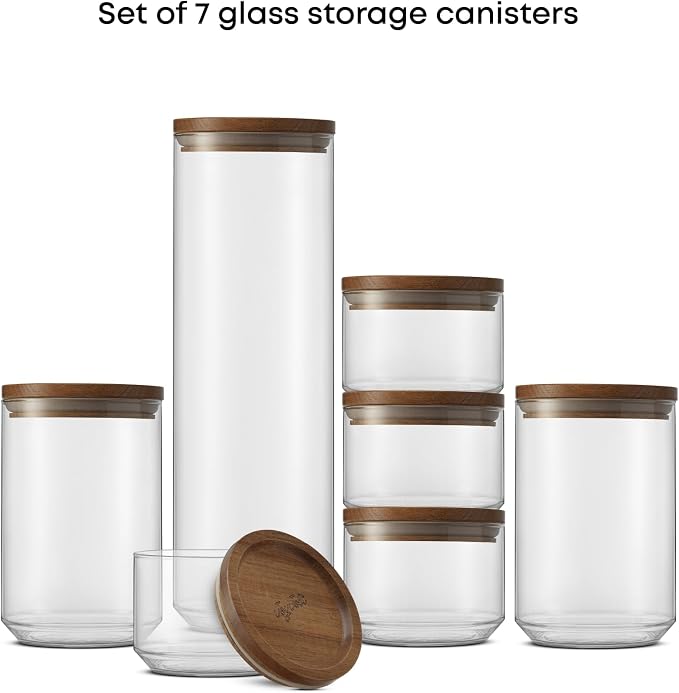 JoyJolt Holden 7-Piece Stackable Glass Storage Containers with Lids, Airtight Food Canister Set with Acacia Wood Lids, Round Stacking Pantry and Kitchen Containers for Pasta, Flour, Sugar, Coffee