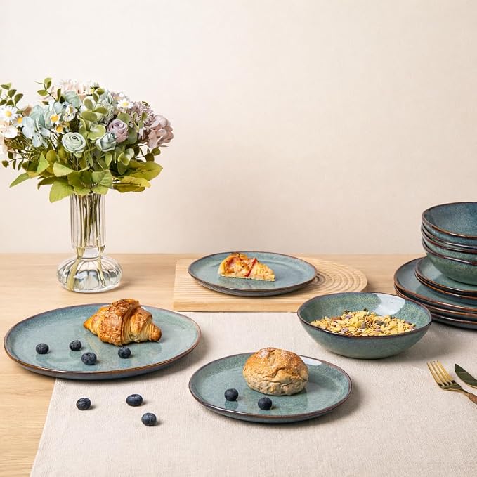 AmorArc Ceramic Dinnerware Sets,Handmade Reactive Glaze Stoneware Plates and Bowls Sets,Highly Scratch Resistant | Dishwasher & Microwave Safe Dishes Set,Service for 6 (18pc)