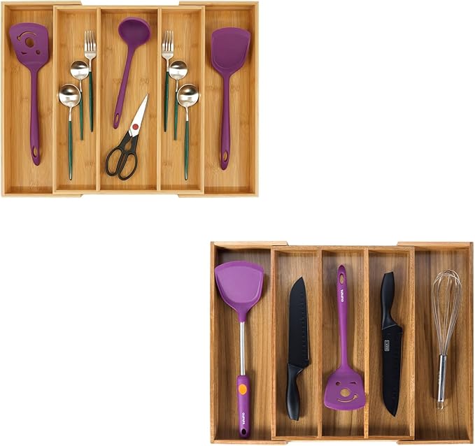 Utoplike Bamboo Expandable Kitchen Drawer Organizer and Acacia Kitchen Drawer Organizer for Large Utensils