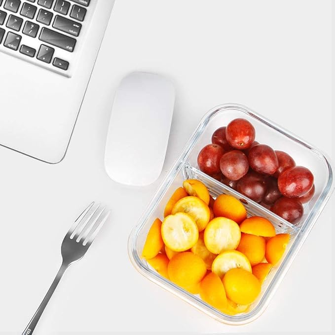 Meal Prep Containers - 2 Compartments with Glass Bowls with Lids, Food Storage Containers Dividers Airtight Lunch Containers, Bento Box for Oven Freezer, 10 Pack