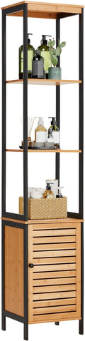 Tall Bamboo Bathroom Cabinet, 5 Tier Floor Shelving Unit with Open Shelves & Cabinet Storage, Premium Moso Bamboo Organizer for Bathroom, Kitchen, or Living Room