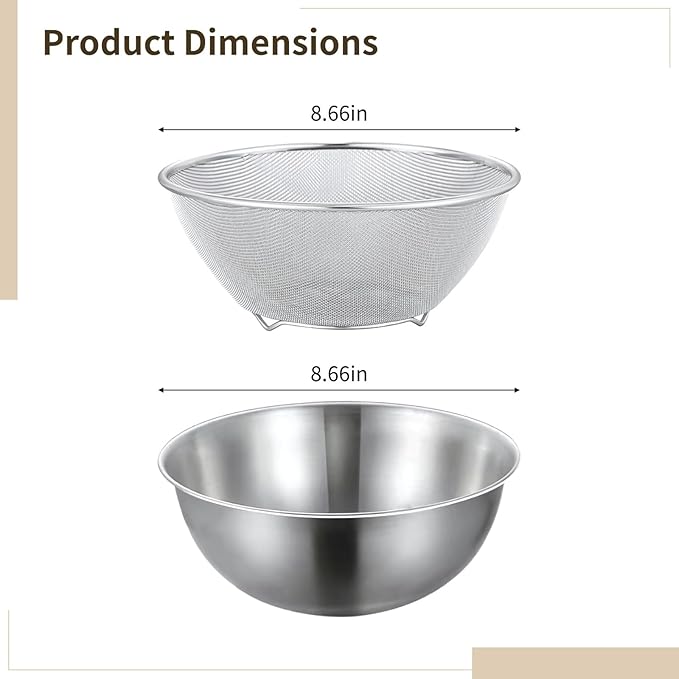 Stainless Steel Kitchen Strainers Set, Includes Bowl and Fine Mesh Sifter, Sturdy Mesh Strainer Basket for Kitchen Use, Dishwasher Safe, Ideal for Washing Fruits, Vegetables, and Small Grains