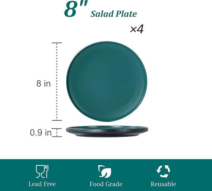 Ceramic Salad & Dessert Plates Set, 8 Inch, Set of 4, Modern Green | Stoneware, Dishwasher & Microwave Safe, Small Dinner Plates, For Cake, Fruits, Waffle, Pasta, Salad
