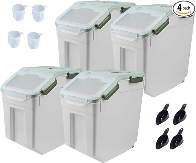 25LB Large Flour Storage Container Bin,Green Airtight Plastic with Wheels Seal Locking Lid Dispenser Organizer Storage Bin with Measuring Cup & Scoop for Flour, Rice, Grain，Set of 4