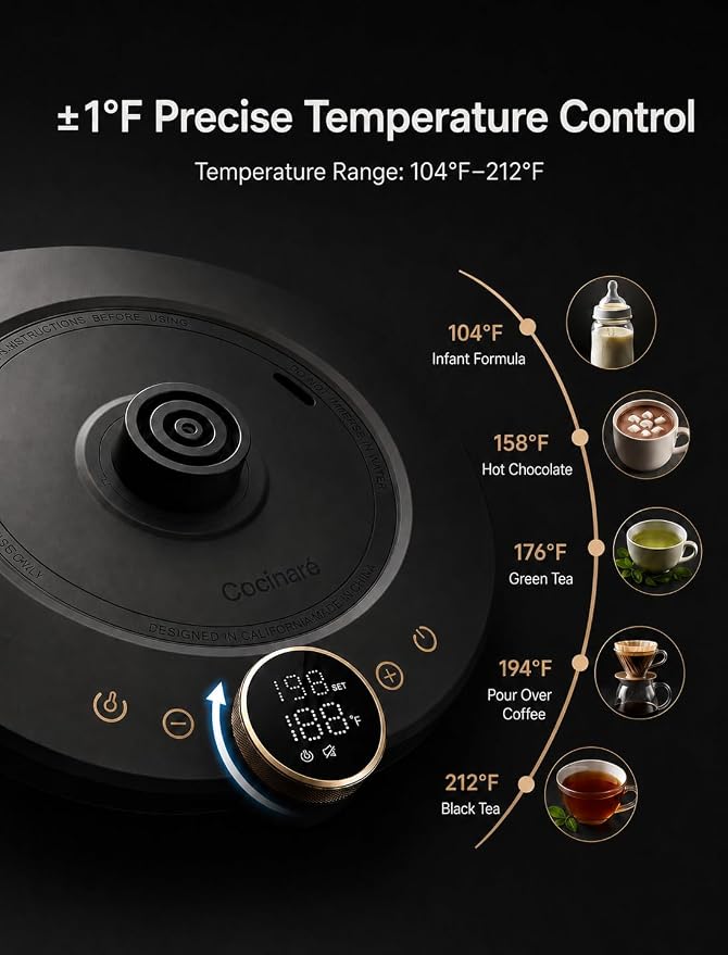 Cocinare Gooseneck Electric Kettle, ±1°F Precise Temperature Control, 1500W Fast Heating, Pour Over Coffee & Tea Kettle with Brew Timer & Keep Warm, Stainless Steel, 0.9L (Delacroix Green)