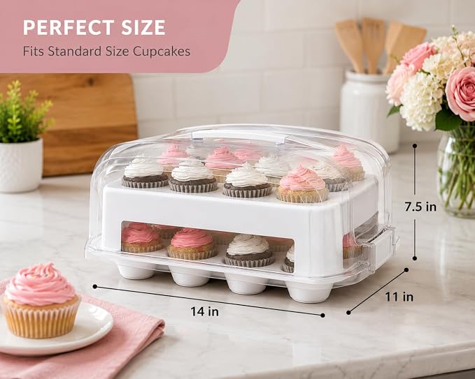 Top Shelf Elements Cupcake Carrier, EXTRA LARGE LID, White Cupcake Holder Carries 24 Standard-Size Cupcakes, Muffin Traveler Two Tier Stand Reusable Cupcake Box