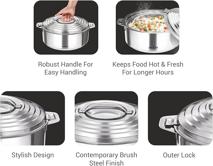 Milton Galaxia 3500 Insulated Stainless Steel Casserole, 3.5 qt. (3300 ml, 111 oz) Thermal Serving Bowl, Keeps Food Hot & Cold for Long Hours, Elegant Hot Pot Food Warmer Cooler, Silver