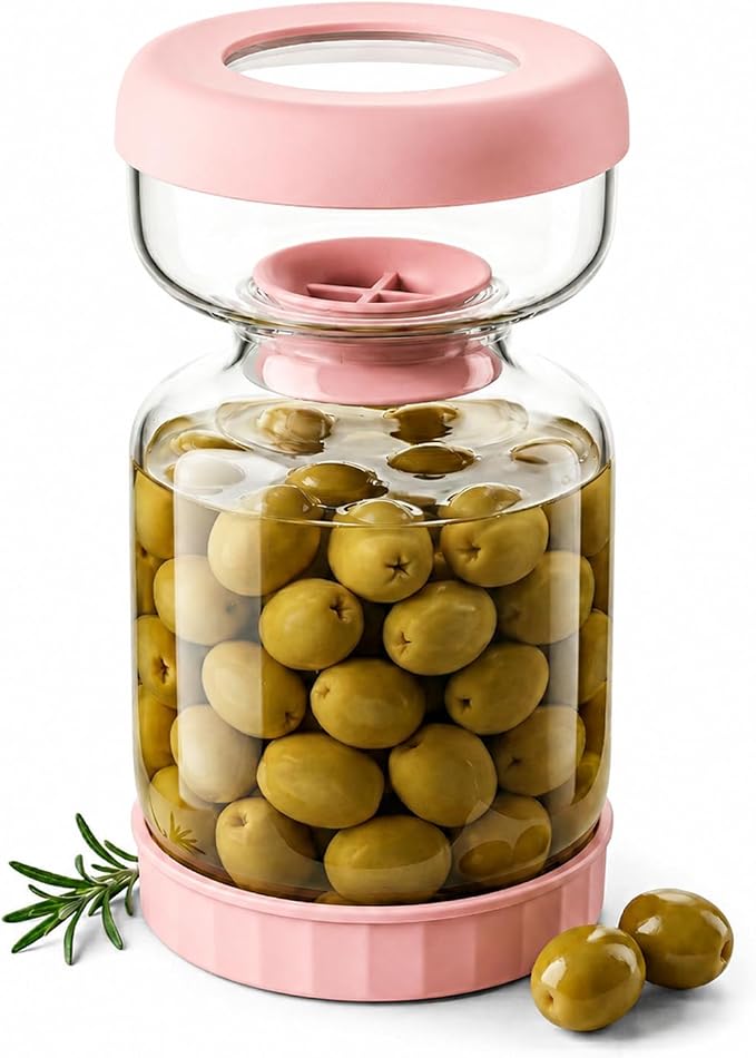 Homnoble Pickle and Olive Hourglass Jar with Strainer Flip for Juice Separator from Wet and Dry, Upgrade Food-grade ABS Lid and BPA Free Hourglass Pickle Jar for Airtight Food Storage, Pink