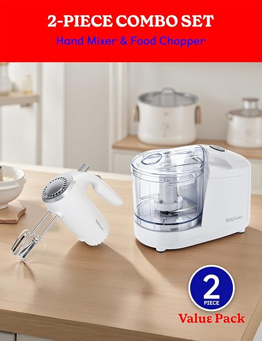 Betty Crocker 2-Piece Kitchen Appliances Combo: 5-Speed Hand Mixer with Food & Vegetable Chopper, 150W Mixer, Chrome Beater & Whisk Attachments, 100W Food Processor with Plastic Bowl, BC-7222W, White