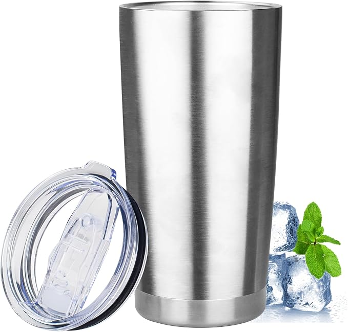 20oz Tumbler with Lid Stainless Steel Insulated Tumblers Travel Coffee Tumbler Bulk Double Wall Vacuum Insulated Water Cup Gifts for Christmas Women Men Her Him Home Office(Silver, 1pack)