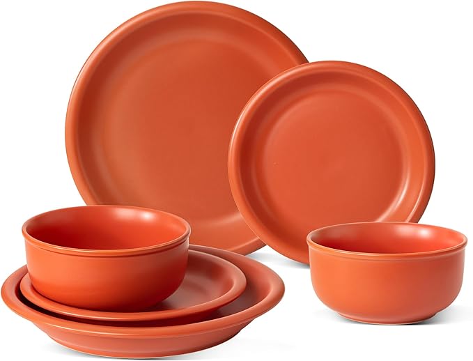 Timeworn Clay Dinnerware Set, 6 Pieces, Terracotta Red | Stoneware Sets for 2, Hand-Finished Glaze, Farmhouse Plates and Bowls, Microwave and Dishwasher Safe