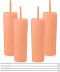 Volhoply 16oz Plastic Skinny Tumbler With Lid and Straw Bulk 4 Pack,Insulated Double Wall BPA Free Matte Acrylic Tumblers,Iced Coffee Travel Mug Reusable Party Cup,Customizable Diy Gifts(Orange,4 Set)