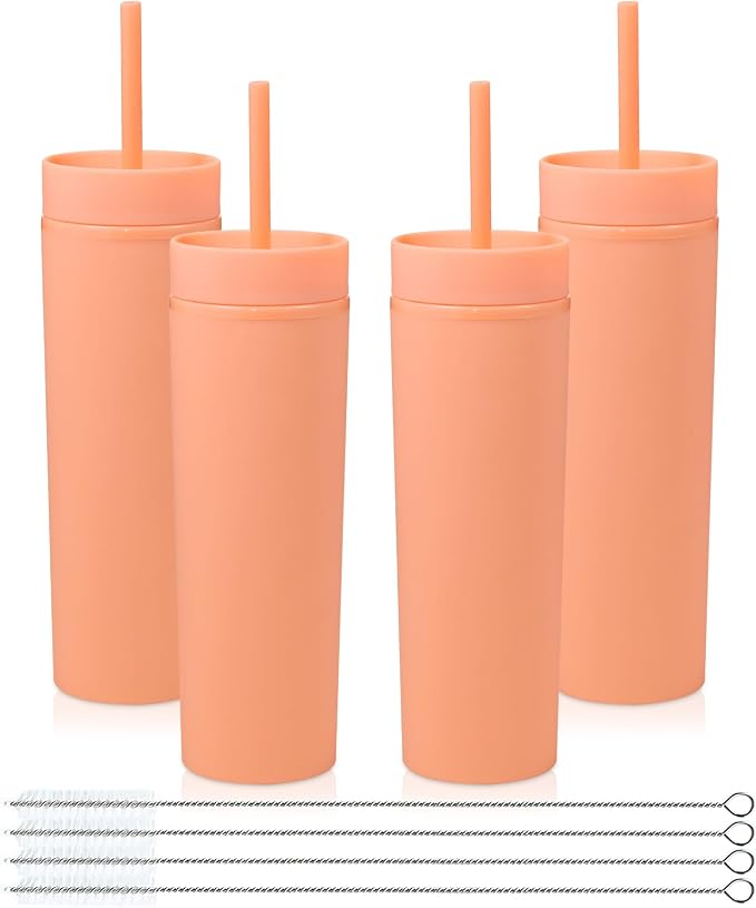 Volhoply 16oz Plastic Skinny Tumbler With Lid and Straw Bulk 4 Pack,Insulated Double Wall BPA Free Matte Acrylic Tumblers,Iced Coffee Travel Mug Reusable Party Cup,Customizable Diy Gifts(Orange,4 Set)