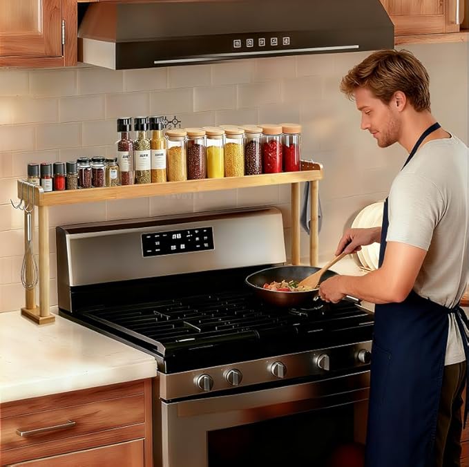 MAVOTER Over The Stove Top Shelf for Kitchen Bamboo Spice Rack Organizer for Back of Stove with Protective Lips & 6 Hooks,Easy Installation 33.5 * 4.5 * 13.4”