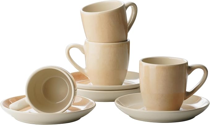 famiware Glacier Espresso Cups with Saucers Set of 4, 3oz Espresso Cup Set, Coffee Mug Set for Latte, Macchiato, Stoneware Demitasse Cups Set for Cafe, Microwave&Dishwasher Safe, Honey Beige