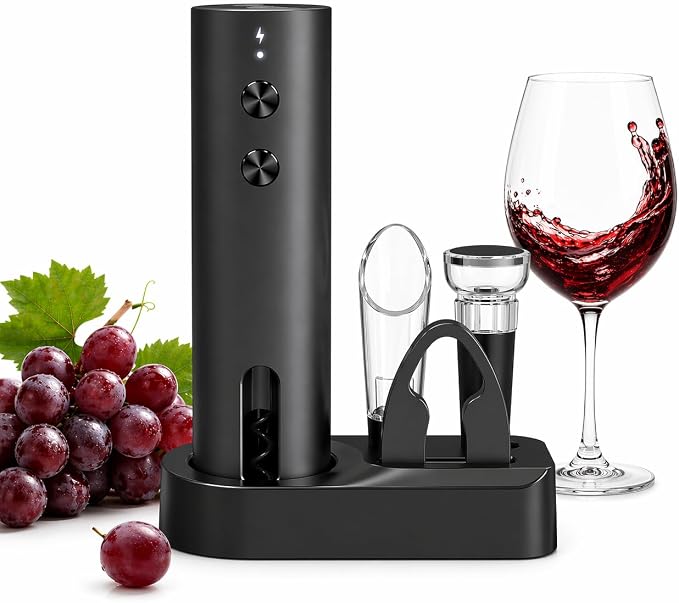 Electric Wine Opener Set Rechargeable with Base, 5-in-1 Wine Bottle Opener Electric Kit Includes Wine Aerator, Foil Cutter & Vacuum Stopper, Automatic Wine Opener for Home, Camping & Gifts