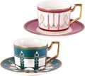 KAMMAK Tea Cups and Saucers Set of 2, Porcelain Coffee Cups, Stackable Espresso Mugs, Ceramic Demitasse for Coffee, Latte, Americano, Tea, Pink + London