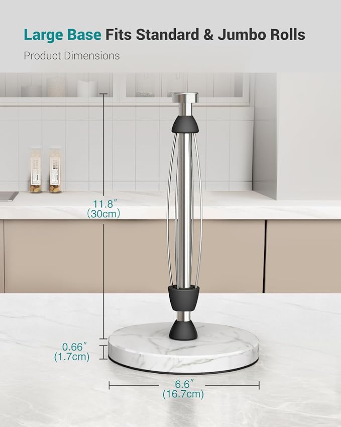 Marble Paper Towel Holder Countertop, Stainless Steel, One-Handed Tear, Freestanding Paper Towel Stand Rack with Ratchet Mechanism for Kitchen Toilet Bathroom Essentials Decor Accessories, Silver
