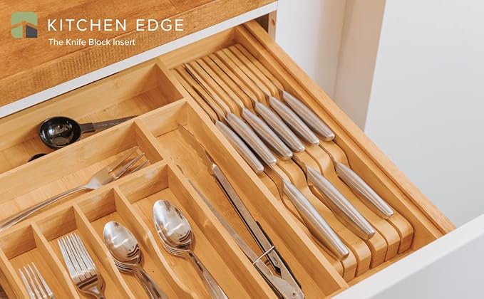 KitchenEdge Bamboo Kitchen Knife Block Holder Organizer - Holds 5 Long + 6 Short Knives (Not Included), Fits Most Knife Sizes, Rubber Feet, Sustainable Bamboo, In-Drawer Design (Pack of 2)