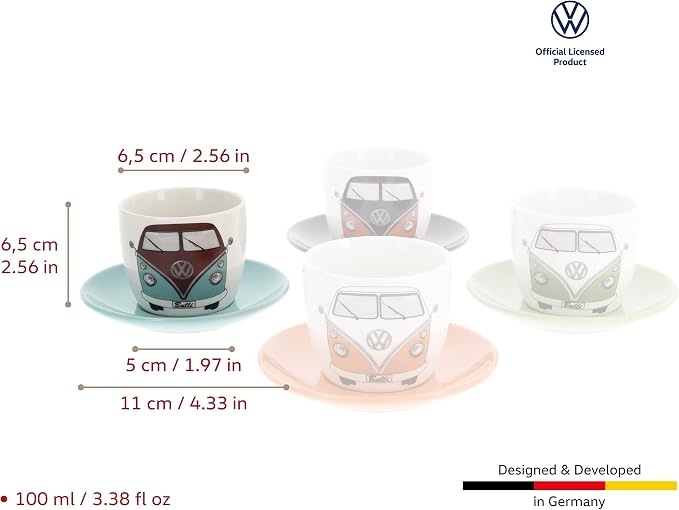 BRISA VW Collection - Volkswagen Espresso Cups Coffee-Tea-Cappuccino Set in T1 Bus Campervan Design (Bus Front/100ml/3.4 fl oz) (Set of 4 (red/black, petrol/brown, orange, green))
