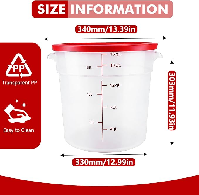 2 Pack Square Food Storage Container With Lid,12-22 Quart Commercial Storage Box With Scale & Handle,Cake Making,Dough Marinating Meat,Kitchen Supplies (polypropylene, Round 16 Quart)
