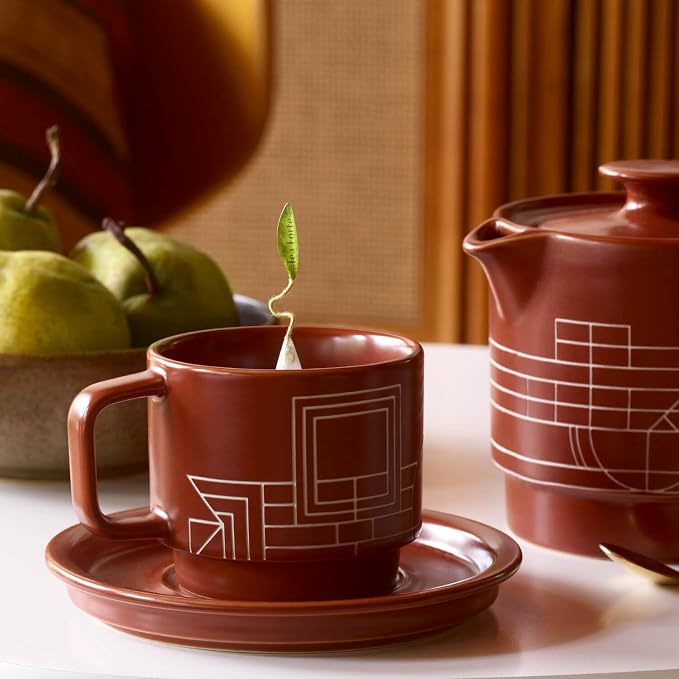 Tea Forte Porcelain Tea Cup and Lid, Steeps 8 oz., Microwave & Dishwasher Safe, Terra - Frank Lloyd Wright