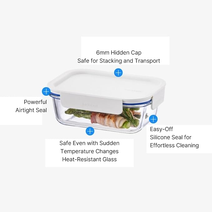 LocknLock LNG428S4W The Clear Borosilicate Glass Food Storage Containers with Lids, 8-Piece Set for Kitchen, Lunch, Meal Prep, Leftovers, Leakproof, Freezer, Microwave, and Dishwasher Safe