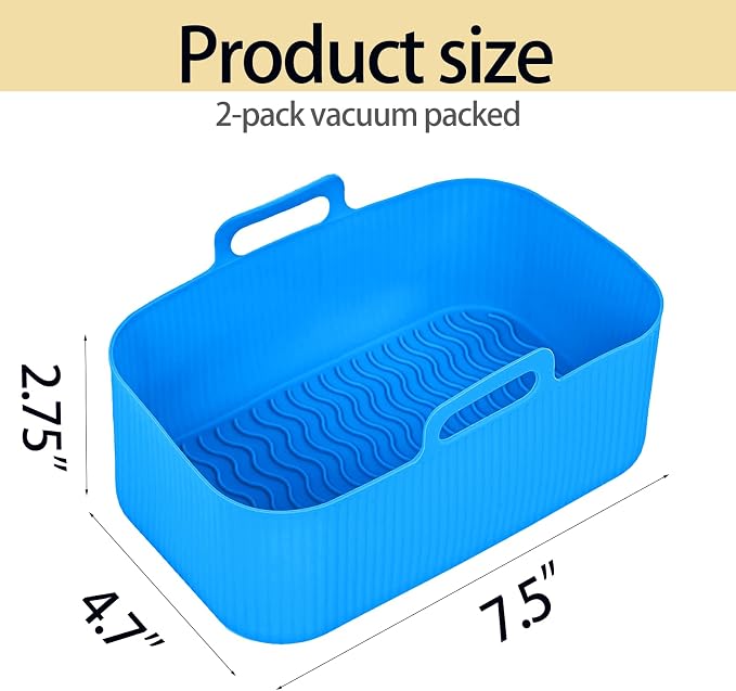 Silicone Air Fryer Liners for Ninja - Reusable 8 Qt Bowl for Foodi DZ201 Dual Basket Airfryer - Rectangular 2-pack 2025 Upgraded Food Safe Silicone Baking Tray Pink (BLUE & BLACK)