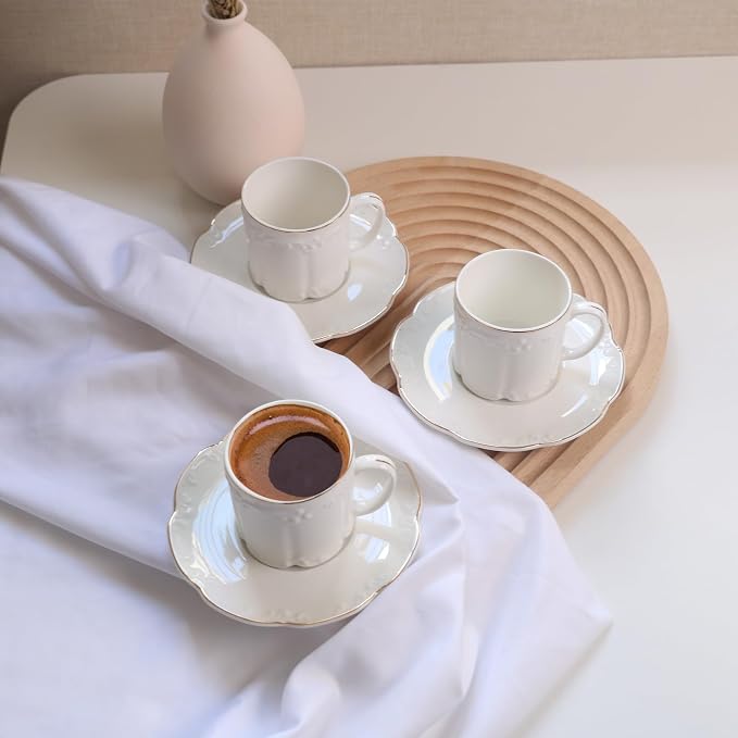 GuangYang 3oz Fine Porcelain Espresso Cups and Saucers,Embossed White with Gold Trim, Demitasse Cup Set for Espresso,Double Espresso,Macchiato,After-dinner coffee servings