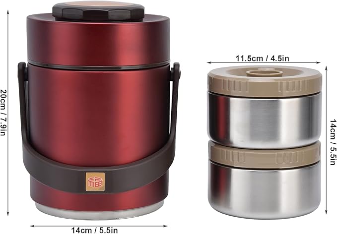 1.5L Bento Box, High Capacity Stainless Steel Portable Bento Box, Hot Food Thermos, Adults Lunch Thermos, 3 Layer Sealed Stackable Food, for Outdoor Office(Red)