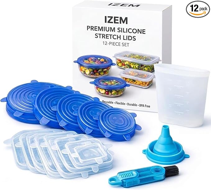 IZEM Premium Reusable Silicone Stretch Lids Set – 12 Pack (6 Round Blue + 6 Rectangle White) BPA-Free, Airtight & Leakproof Bowl Covers + 500ml Silicone Bag, Funnel & Brush