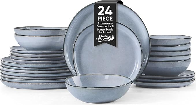 Herogo 24 Piece Dinnerware Dishes Sets for 8, Stoneware Plates and Bowls Dinner Set, Irregular Handmade Dishware Tableware for Home Kitchen, Microwave & Dishwasher Safe, Smoky Blue