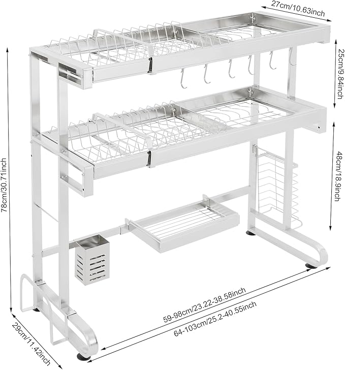 Over The Sink Dish Drying Rack, 3-Tier Drying Drainer Rack Over Sink Stainless Steel Adjustable 45.27'', Large Dish Drainer Drying Rack with Multiple Baskets Utensil Sponge Holder Sink Caddy