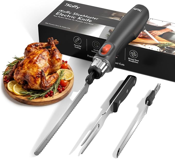 Cordless Electric Knife for Meat Slicing, Carving Knife | Cordless Rechargeable, 45W High-Torque Motor, 420 Stainless Steel Blades, 50-Min Runtime, Washable,Type-C Charge, Safety-Lock