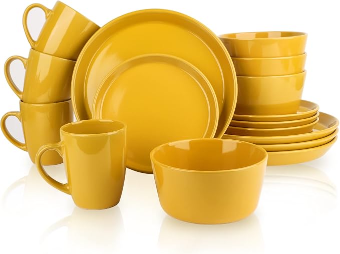 Plates and Bowls Sets, 16 Pieces Dinnerware Sets, Dishes Set for 4, Christmas, Kitchen Set is Home Essentials, Yellow