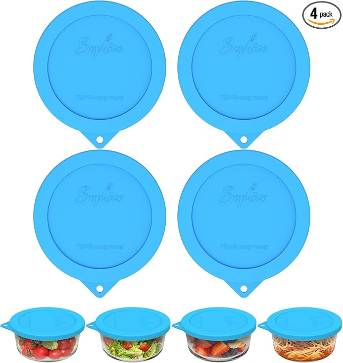 Sophico Silicone Storage Lids Cover Replacement for Pyrex Freshlock and SNAPWARE 4CUP(7201R), Round Glass Bowls Containers Set, Airtight Lids, 4 Pack
