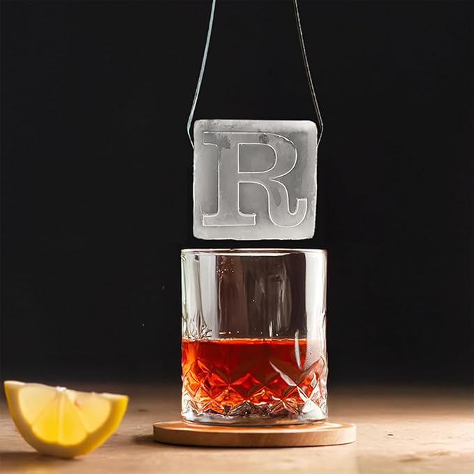 Monogrammed Ice Cubes Mold with Lid, 2 inch Whiskey Ice Cube Tray, Personalized Initials Silicone Cocktail Ice Cube Mold, Wedding Monogram, Thank You Gift, Gifts for Dad (Letter R)