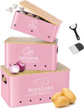 Kitchen Vegetable Storage Set of 3, Metal Onion Garlic Potato Storage Set, Kitchen Canisters Vegetable Keeper Containers with Aerating Holes and Bamboo Lid,Pink