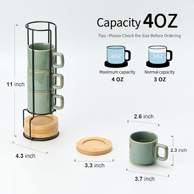 LUKA Porcelain Stackable Espresso Cups with Saucers and Metal Stand, 4 Ounce Small Ceramic Demitasse Cups Set for Latte, Specialty Coffee Drinks, Cafe Mocha,Tea - Set of 4, Wild Sage Earth