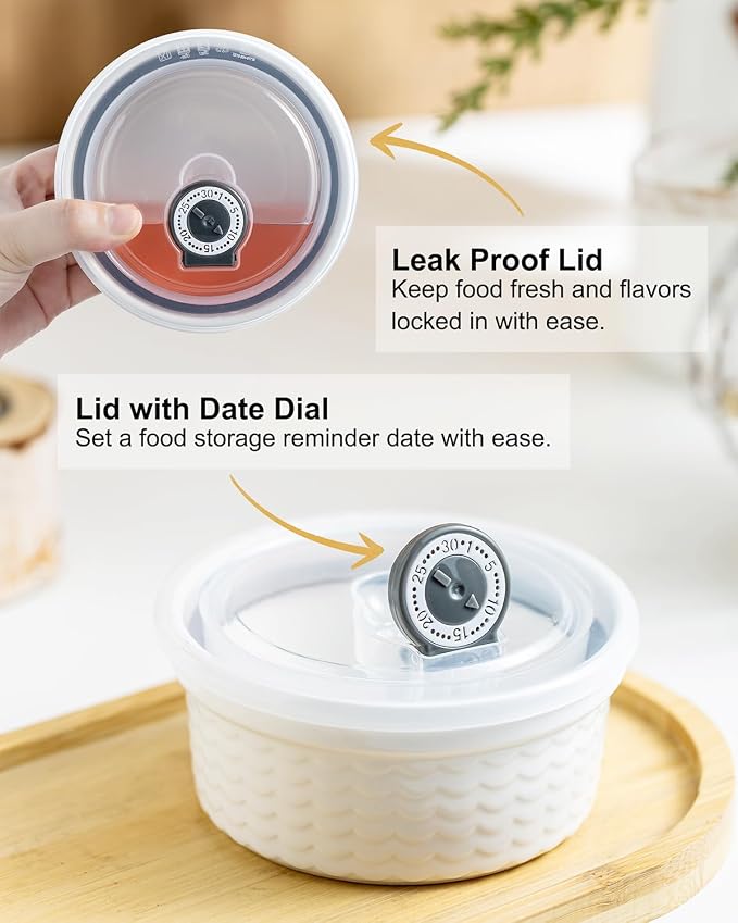 Ceramic Ramekins with Lids Oven Safe Set of 4, Baking Bowls for Dessert, Food Storage Bowls with Airtight Lids, Meal Prep Containers, Lunch Office Meal for Microwave and Freezer, White Ripple